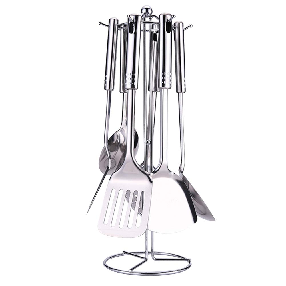 Kitchen Utensil Set, 7 Piece Stainless Steel Kitchen Gadgets Set with Holder, Non Stick and Heat Resistant Cooking Tools Turner Tongs Spatula Spoon for Cookware