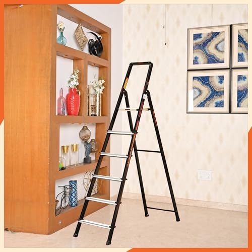 Image of Prime Magnus 6-Step Hybrid Step Ladder | Steel Frame + Aluminium Steps | Heavy Duty Ladder for Home | Anti-Skid Platform | 150 KG Load Capacity | 5 Year Warranty | Made in India | Black & Silver