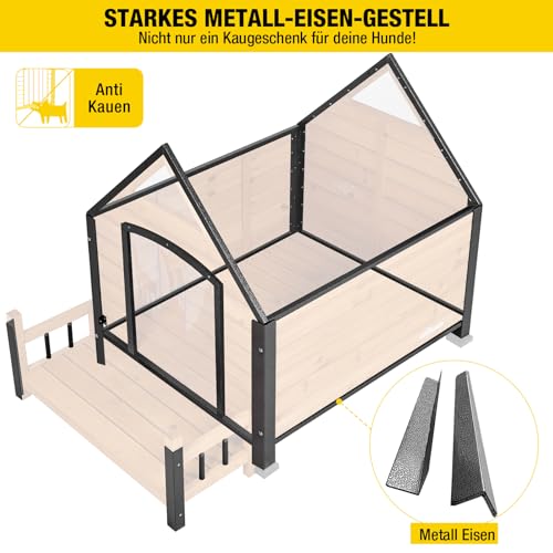 Aivituvin Outdoor Hundehaus, Wasserdichtes Welpen Schutzhaus, Indoor Hundehütte mit erhobenem Boden, beißgeschütztes Design, für kleine bis mittlere Hunde mit Veranda (Braun, L)