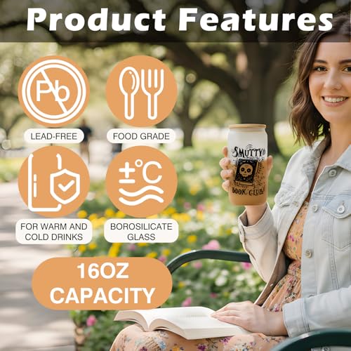 Image of AFRITEE Book Lovers Creative Gifts - Funny Book Themed 16oz Glass Cups with Lids and Straws, Coffee Tumbler Reading Accessories Gift for Women Bookworms Librarian Reader