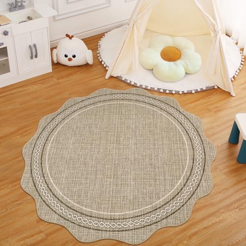 GarveeHome Scalloped Washable Round Rugs, Non-Slip Soft Round Rug 4ft, Jute