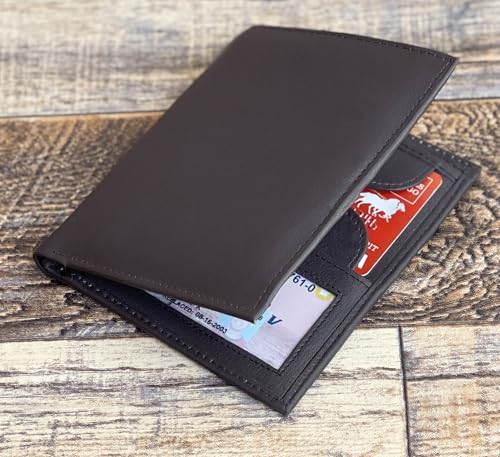 Bullz Genuine Leather Large European Hipster Bifold Credit Card Id Men's Wallet Slim Tall Passcase Billfold (Brown)4
