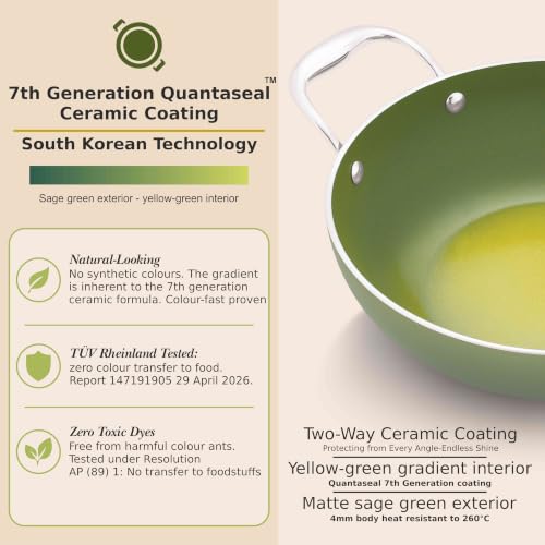 Image of The Chef Story Ceramic Cookware Mycera Series Deep Kadhai with SS Lid 28CM - 3.4 Litre | Quantaseal Technology | 100% Non- Toxic | Induction Ready | Eco-Friendly | 5* Years Warranty- Green