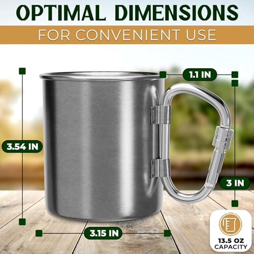 VIKROM 13.5 Oz Stainless Steel Camping Mug with Carabiner - Metal Camping Cup for Traveling, Lightweight and Heat-Resistant, Durable and Easy to Clean Hiking Cup, Comfortable to Hold and Drink