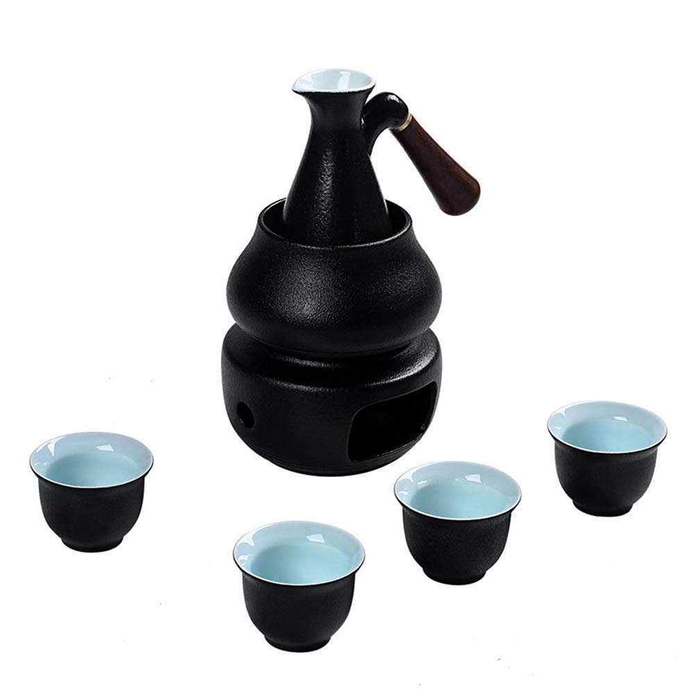 Juego de Sake japonés, Juego de Sake de Esmalte Negro de 7 Piezas con Calentador y Estufa de Vela, Mango de Madera antiescarcha para decoración del hogar Servicio de Sake Caliente/frío