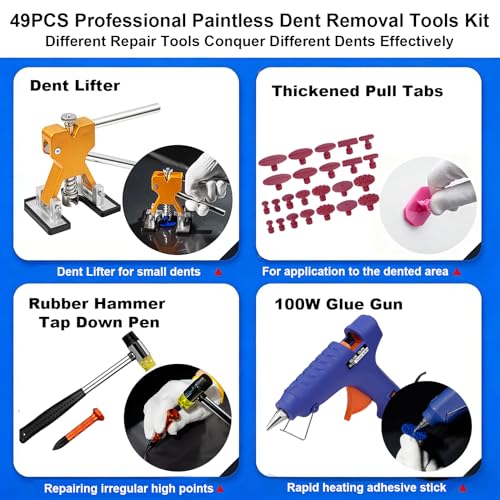 Image of 49PCS Paintless Dent Repair Kit with Golden Lifter & 100W Glue Gun | Professional PDR tools car dent removal tool heavy duty dent puller kit for small door dings hail damage auto body repair