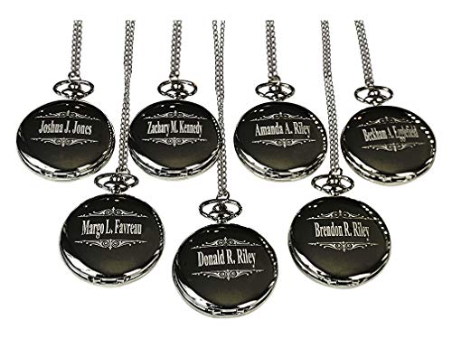 8 Gold Polished Engraved Pocket Watches - Gift Box Set of 8 for Weddings - Groomsmen Personalized Gifts with Chain and Box Included - Engraving Included (Black)