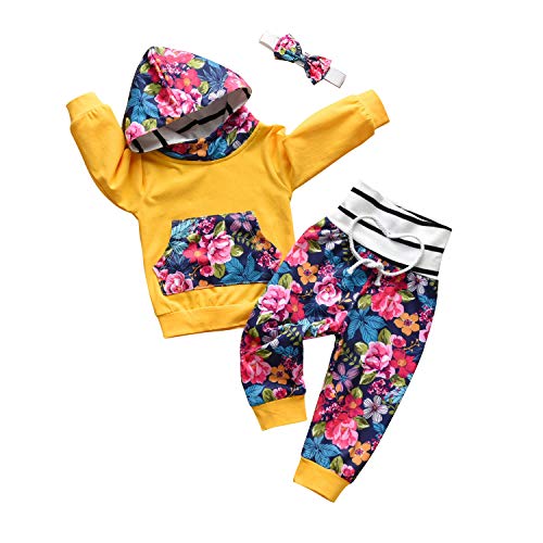 Image of Derouetkia Infant Toddler Baby Girl Floral Clothes Long Sleeve Hooded Tops Casual Pants and Headband Outfit Set