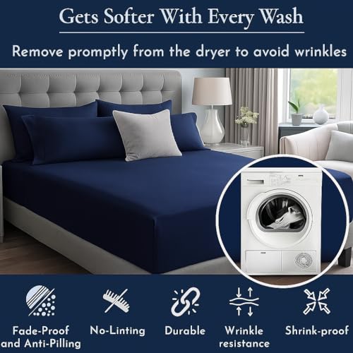 Image of 100% Cotton Printed Bedsheets - Flat Sheet with 2 Pillow Cover Comfortable & Durable Sheet for King Size Bed Navy Blue, 300 TC