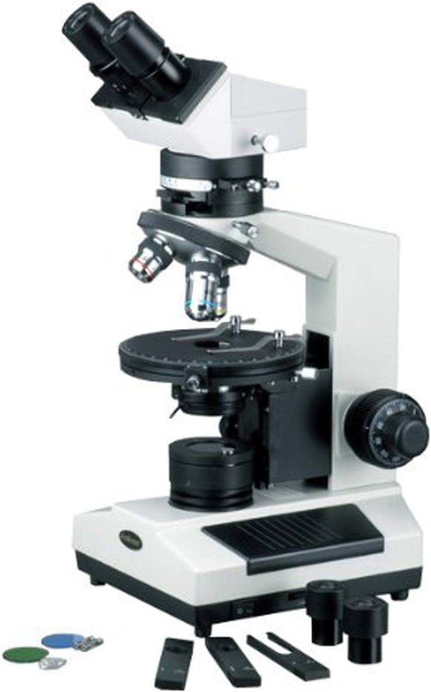AmScope PZ200BA Polarizing Binocular Microscope, WF10x and WF16x Eyepieces, 40X-640X Magnification, Strain-Free Plan Achromatic Objectives, Polarizing and Brightfield Configurations, Halogen Illumination, Bertrand Lens, Abbe Condenser, Round Graduated Stage, 110V