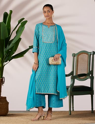 Image of BIBA Women Art Silk Straight Kurta Palazzo Suit Set