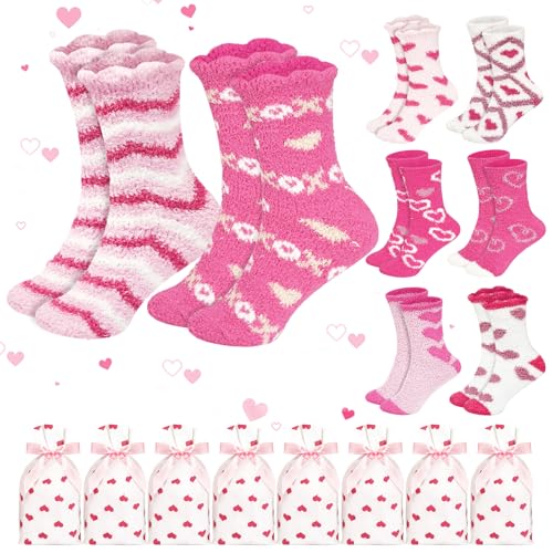 mzfoo 16 Pairs Valentine's Day Fuzzy Socks Pink Sock for Women Bulk Cozy Red Pink Heart Socks Fluffy Galentines Day Gifts Bulk