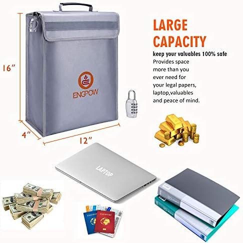 ENGPOW Fireproof Bag,Fireproof Lock Box Bag Document Bag Money Bag with Combination Lock Zipper Closure,Fireproof Safe and Water Resistant Storage for Documents,Money,Valuables (16"x12"x4")