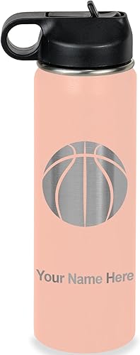 Miniatura 60 de LaserGram Botella de agua personalizada, pelota de baloncesto, acero inoxidable de doble pared aislada al vacío con popote superior, regalo grabado