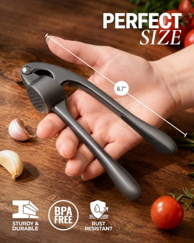 Image of Zulay Kitchen Premium Garlic Press Set - Rust Proof Professional Garlic Mincer Tool - Easy-Squeeze, Easy-Clean with Soft, Ergonomic Handle - Silicone Garlic Peeler & Brush-Dark Gray
