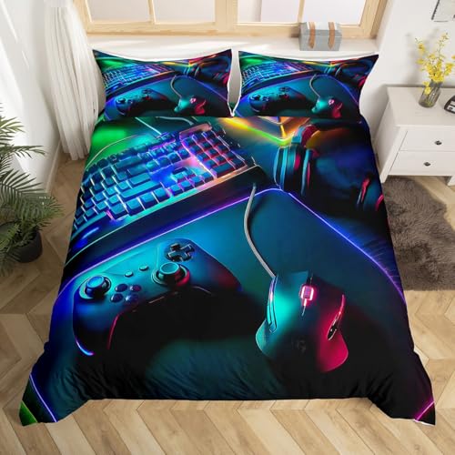 Ensemble de Literie Gaming 140x200,Housse de Couette Casque Souris Clavier Manette de Jeu Motif pour Enfants Filles Garçons,Parure de Lit Sur Le Thème Du...