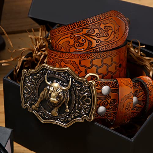 Photect Western Leather Buckle Belts Cowboy Longhorn Cattle Buckle Belt Floral Embossed Cowboy Belts for Men, 1.5 Inch Wide4