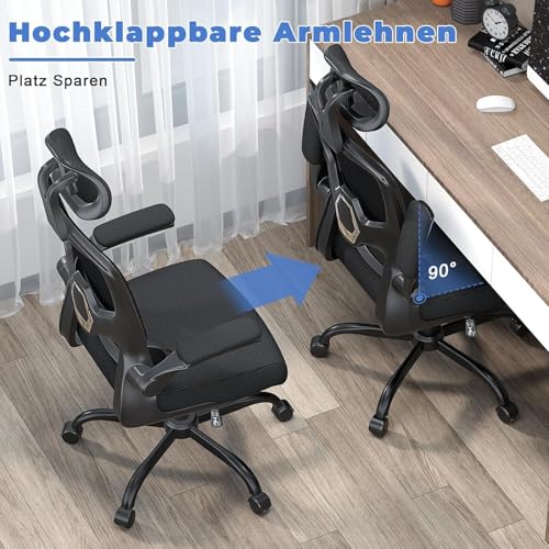 naspaluro Bürostuhl Ergonomischer, Schreibtischstuhl mit Hochklappbaren Armlehnen, Dynamischer Lordosenstütze, Höhenverstellbarer Bürostuhl mit 120° Wippfunktion, Upgrade Schwarz
