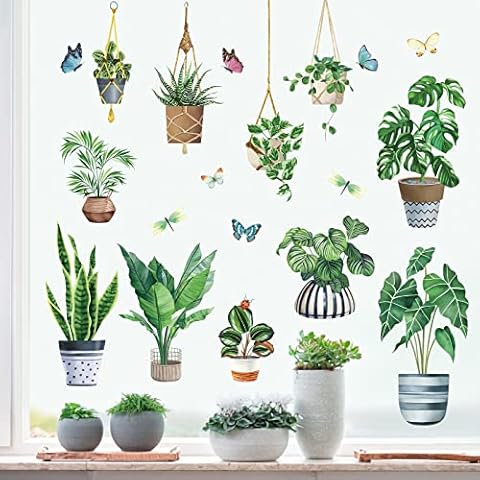 decalmile Autocollants Fenêtre Plante en Pot Printemps Anti-Collision Stickers Feuilles Tropicales Vertes Stickers Vitre Anti-Adhésifs Fenêtre Porte Cuisine Décalques Cover