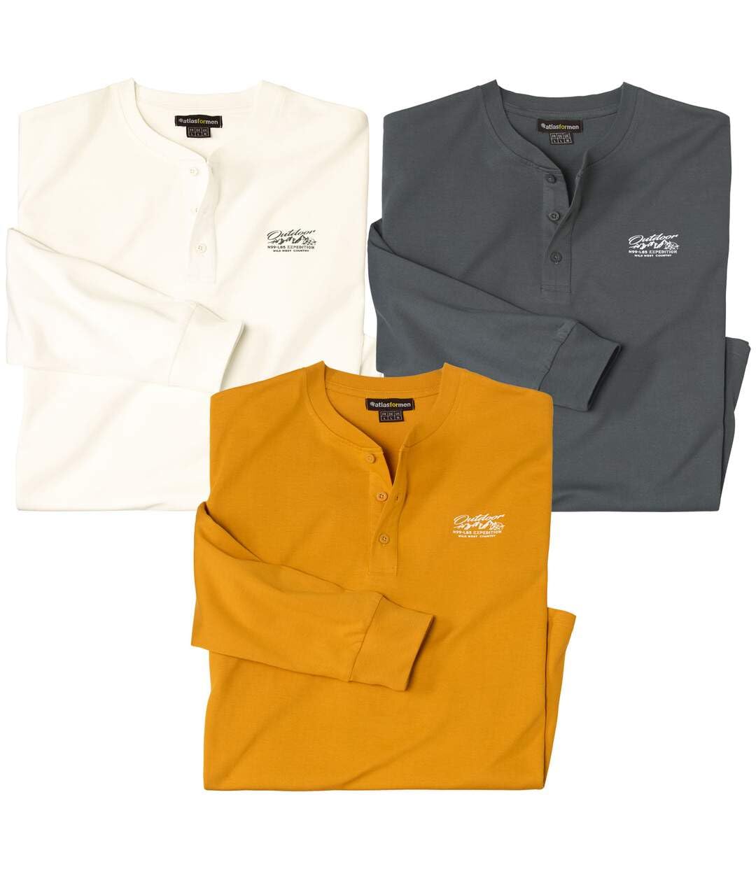 ATLAS FOR MEN - Pack of 3 Men's Henley-Neck Tops - White Ochre Grey - 3XL