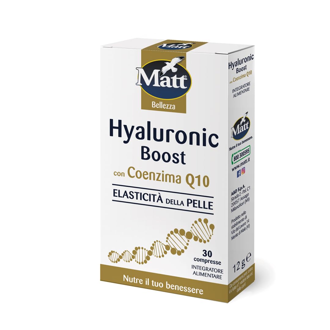 Matt, Hyaluronic Boost, Integratore Acido Ialuronico Compresse, con Coenzima Q10 e Vitamina C, Ideale per il Mantenimento dell'Elasticità e della Bellezza della Pelle, Confezione da 30 Compresse
