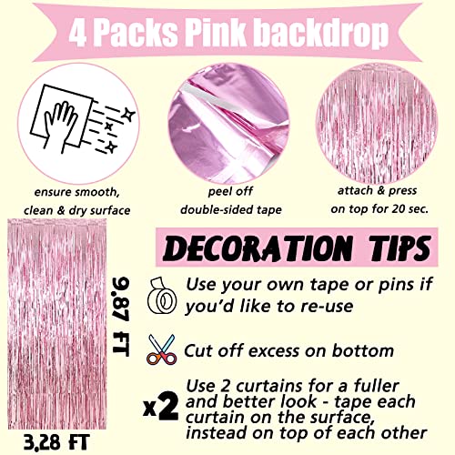 Image of 4 Pack Pink Fringe Curtain Backdrop, 3.2Ft x 9.8Ft Metallic Tinsel Foil Fringe Streamers Background for Photo Booth Birthday Wedding Baby Shower Carnival Easter Mother's Day Party Decorations