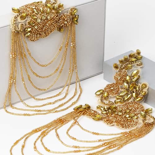 Pair Epaulettes Shoulder Patches for Dress,Beaded Rhinestones Appliques Embellishments Sew-on Diamond Sequin Applique（Gold） by Silvora - Image 3