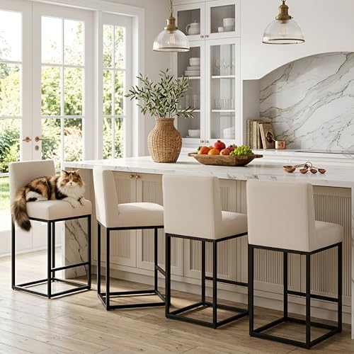 Image of HNY Modern Counter Height Bar Stools Set of 4, Linen Upholstered Kitchen Island Stools with Backrest, 27 Inch Bar Stools with Black Metal Frame, Cream