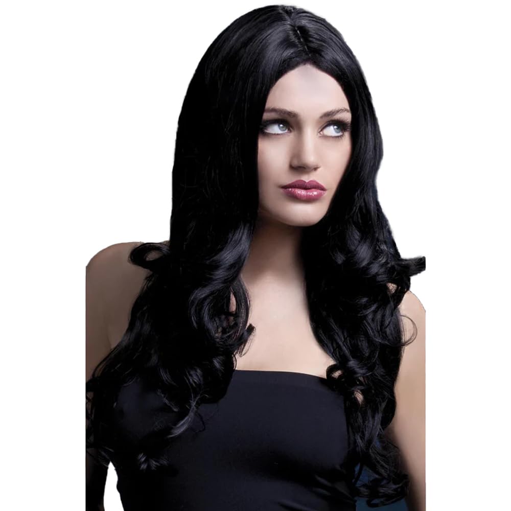 Smiffys Fever Rhianne Wig, Black Long Soft Curl with Centre Parting, 26inch/66cm, Fever Wigs Fancy Dress, Fever Dress Up Wigs