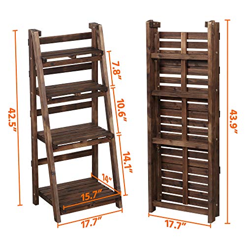 YAHEETECH 4-Tier Wooden Foldable Ladder Shelf Magazine Holders Literature Racks Plant Stands Folding Flower Display Pot Decorative Storage Free Standing Indoors/Outdoors Rustic No Assembly Required