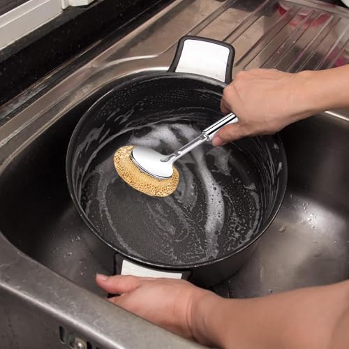 Image of Kitchen Scrub Brush, Cast Iron Skillet Scrubber Non-Scratch Cleaning Brush with Handle, Heat-Resistant Sponge Pad for Wok, Cast Iron, Indoor Grates, Pans, Oven Racks, Air Fryer, and Cookware Cleaning