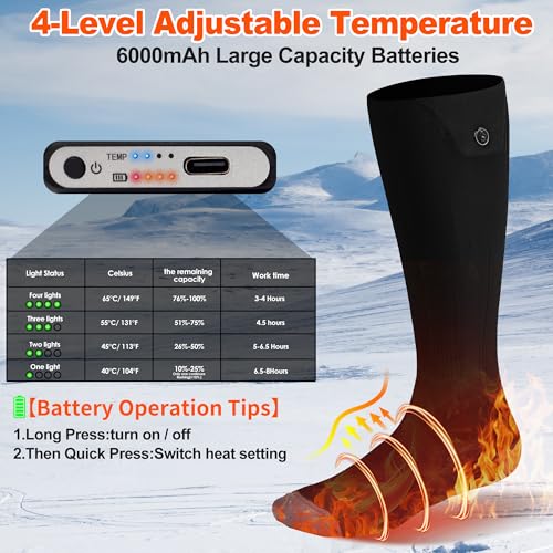 Electric Heated Socks for Men Women with 5V 6000mah Battery Foot Warmer 360° Toe Heating Electric Socks with 4 Levels Heat Settings Suitable for Outdoor Skiing, Winter Camping, Hiking