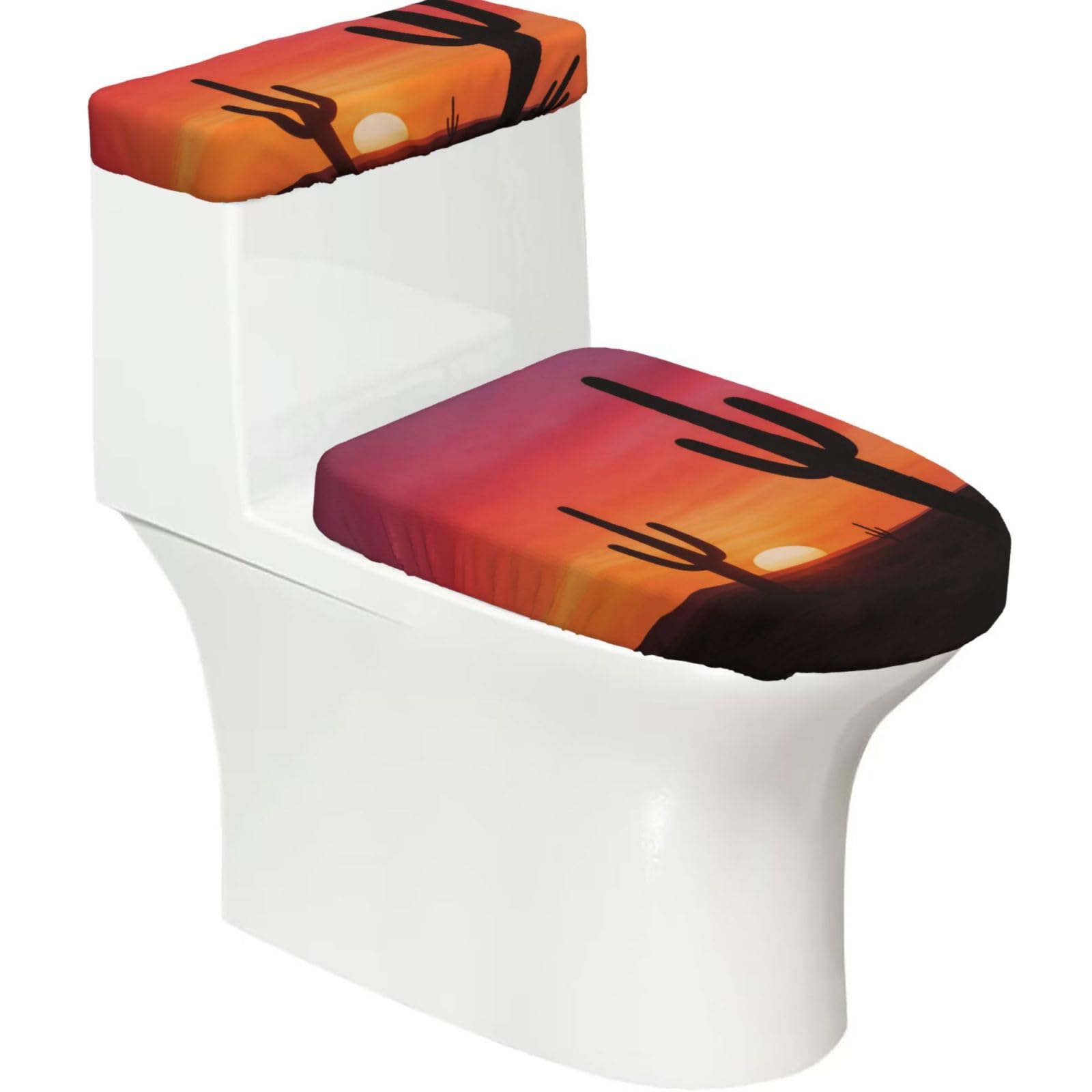 Desert Cactus Silhouette Elastic Toilet Cover Set of 2-Stretchy Lid and Tank Covers for Bathroom, Soft Washable U Shape Toilet Decor