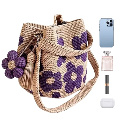 Bolsos de ganchillo para mujer tejidos a mano con motivos florales en violeta