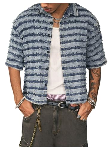 Men's Striped Raw Hem Denim Jacket Button Down Short Sleeve Jean Shirt Streetwear