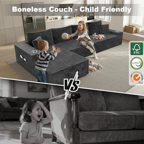 Image of 106 inch Cloud Modular Sectional Couch with Ottoman, Modern U Shaped Corduroy Sofa, Higher 17.7 inch Seat Height, 32D Pure Foam,Built in Cup Holders,No Assembly for Living Room (Dark Gray,Right Facing Chaise)