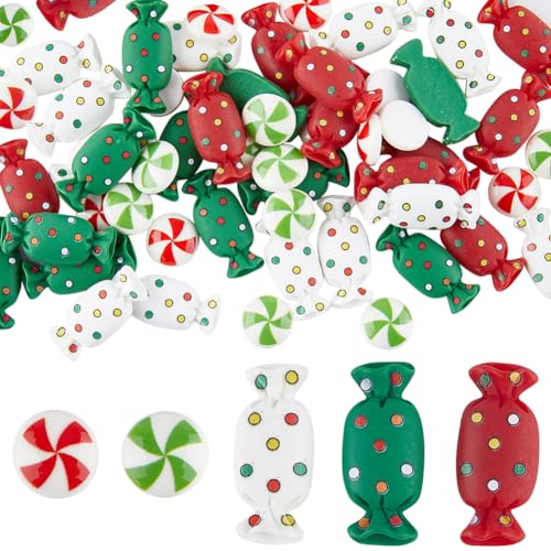 SUNNYCLUE 70Pcs Christmas Resin Charms Candy Cabochons Flatback Christmas Candy Beads No Hole Red Green White Sweets Flat Back Cabochon Bulk for Jewellery Making Supplies Scrapbooking Embellishments