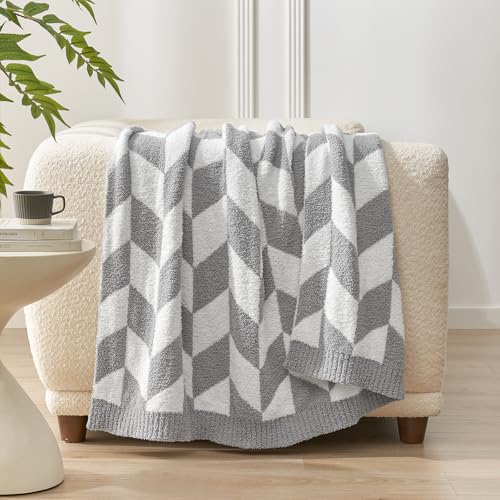 Image of Snuggle Sac Chevron Throw Blanket for Couch, Reversible Super Soft Warm Blankets Cozy Knit Fuzzy Plush Lightweight Throws for Sofa, Bed, Camping,Grey,50x60 inches