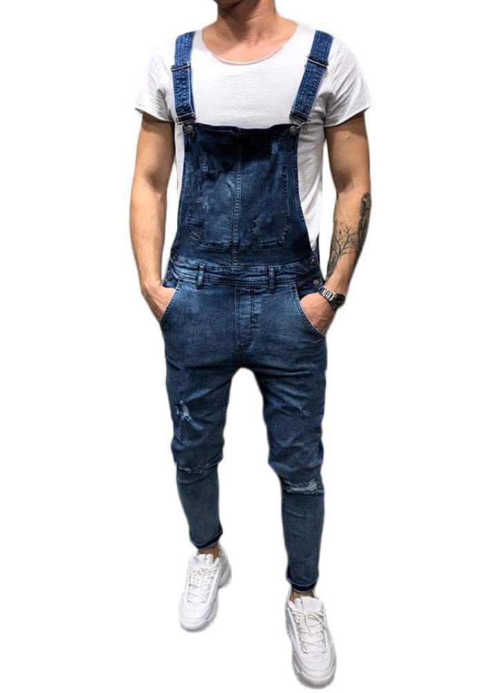 ORANDESIGNE Salopette Uomo in Denim Casual Pantaloni Strappati Uomo in Tinta Unita Salopette Uomo Jeans Slim Fit Moda Ragazzo Jumpsuit Pagliaccetti da Lavoro con Bretelle