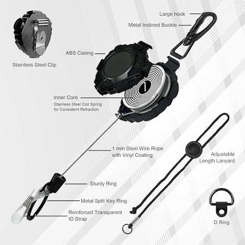 Image of Ezcora CB Mic Holder Retractable Microphone Keeper Heavy Duty CB Radio Retractable Hanger Tether, 32 inch Stainless Steel Cord, 12 inch Nylon Attachment Lanyard, D-Ring Mount Included