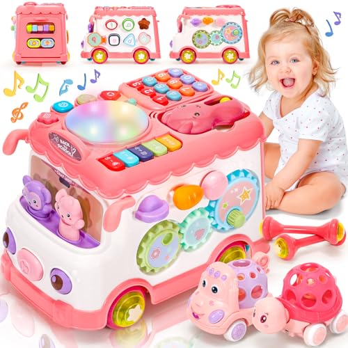 Image of AmiDear Baby Gift for 1-2 Year Old Girl, 10-in-1 Montessori Toys Bus for Baby 6-12-18 Months+, Educational Musical Sensory Learning Toddler Toys Age 1-2, First Christmas and Birthday Gifts Pink