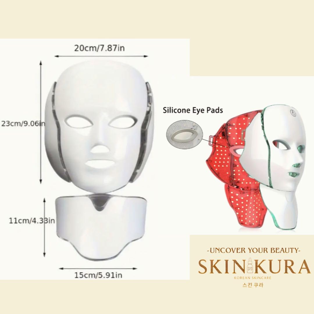 Skinkura LED maseczka do twarzy i szyi – 7 kolorowej terapii światłem, przeciwstarzeniowa, odmładzanie skóry Collagen – maska na twarz z przyciskiem dotykowym, 7 kolorów - Photon LED