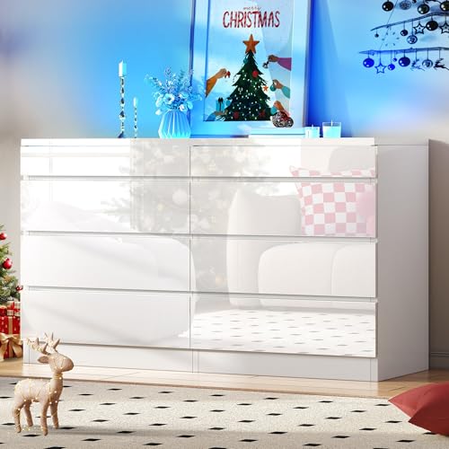 YITAHOME 8 Drawer Dresser with LED Light,White Dresser, Modern 8 Chest of Drawers with Deep Drawers Glass Top High Gloss Surface, Storage Organizer Cabinet for Living Room White-3