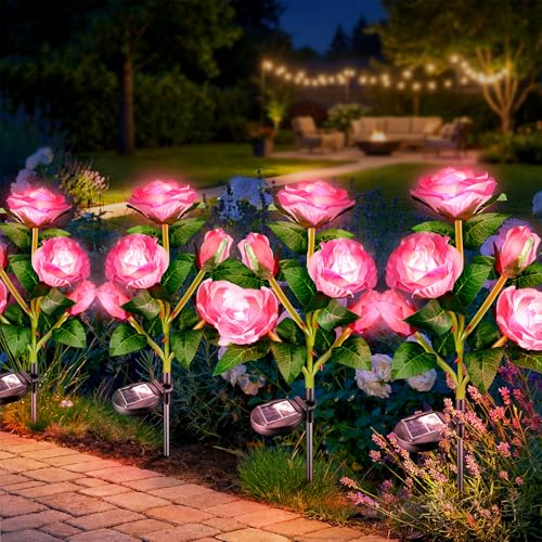Image of Anordsem Solar Garden Lights Outdoor: 20 Waterproof Fabric Roses 4 Pack - Pink LED Flower Decorations for Yard Patio Path Cemetery Grave - Mother's Day Gift for Her Women Mom Wife