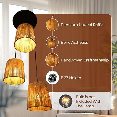 Image of Ikari Homes Rattan Chandelier 3 in1 Pendant Light, Natural Beige, Boho Style, E27 Base, Chandelier for Living Room I Dining I Bedroom I Balcony I Adjustable Wire - (Bulbs not Included) (Taper Raffia)