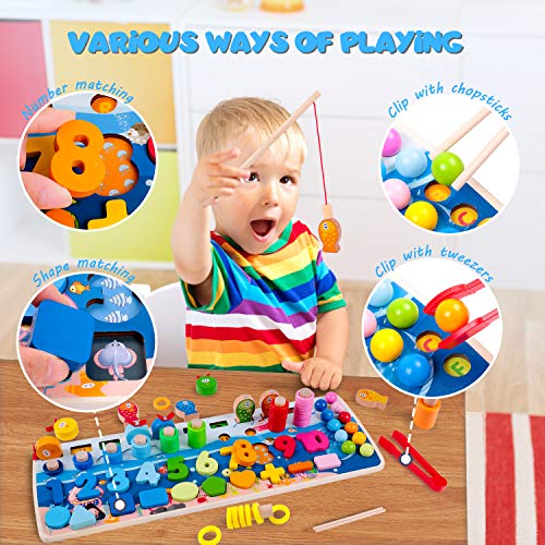 Rolimate Wooden Number Puzzle Sorting Stacking Toys, Shape Sorter Counting Game for 3 4 5+ Years Old Boys and Grils, Magnetic Fishing Game Learning Montessori Toys - Thumbnail 2