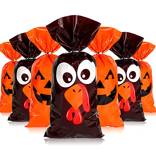 Gersoniel 100 Pcs Thanksgiving Treat Bags 10.8'' x 5'' Pumpkin