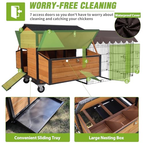 Image of Extra Large Mobile Chicken Coop with Run, Portable Chicken Tractor with Wheels, 76.7 inch L Hen House Poultry Cage with All-Around Iron Frame, Metal Sliding Tray, 6 Nesting Boxes for 6-8 Chickens