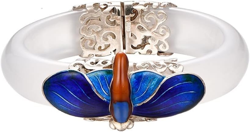 Bracelet jade et argent libellule bleue jonc rétro femme