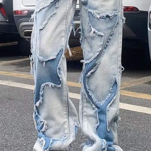 Mens Cracked Straight Denim Slim Fit Ripped Jeans Flare Destroyed Straight Baggy Hip Hop Y2k Trouser Streetwear3